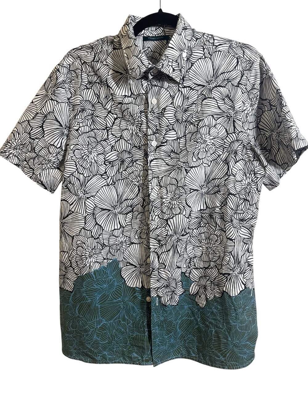 Perry Ellis Falling Flowers Button Front Hawaiian Shirt Black White Blue Size M